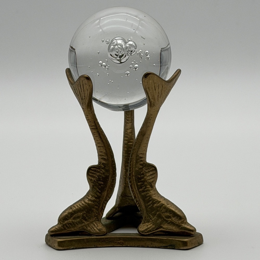 Vintage Brass Dolphin Tripod Stand w/ Controlled Bubble Glass Sphere Paperweight